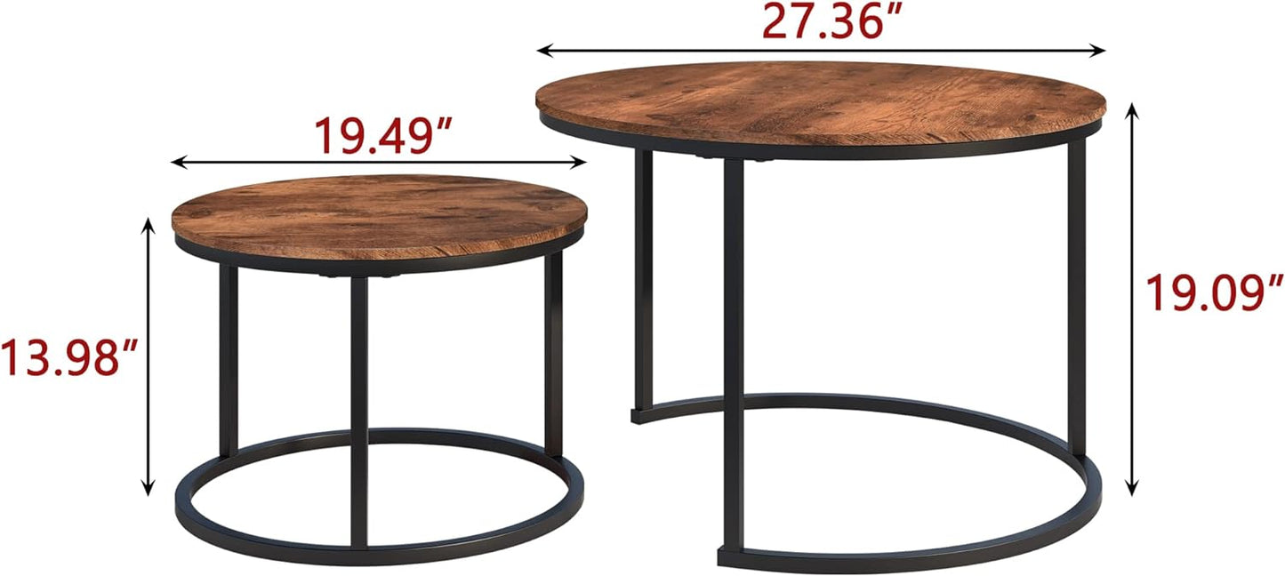 BOFENG Round Nesting Coffee Tables Set of 2 Farmhouse End Tables for Living Room Balcony,Couch Table,Stacking Side Tables, Wood Look Accent Furniture with Sturdy Steel Metal Frame,Vintage Brown