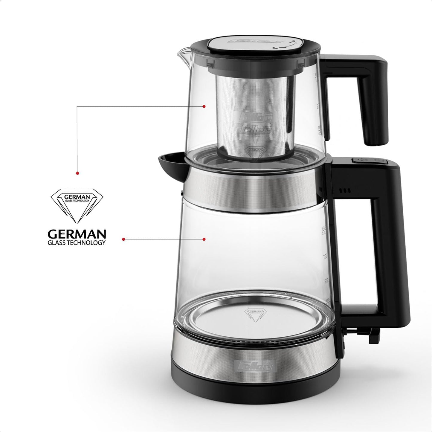 Feller Germany 2200W 2-in-1 Glass Tea Maker + Electric Kettle, UK STRIX Controller, German Glass Technology, TS600, 2Y Guarantee, Stainless Steel-UAE Version (Perforated Steel)