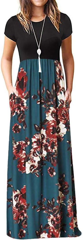 Women's Casual Sleeve O-neck Print Maxi Tank Long Dress - M