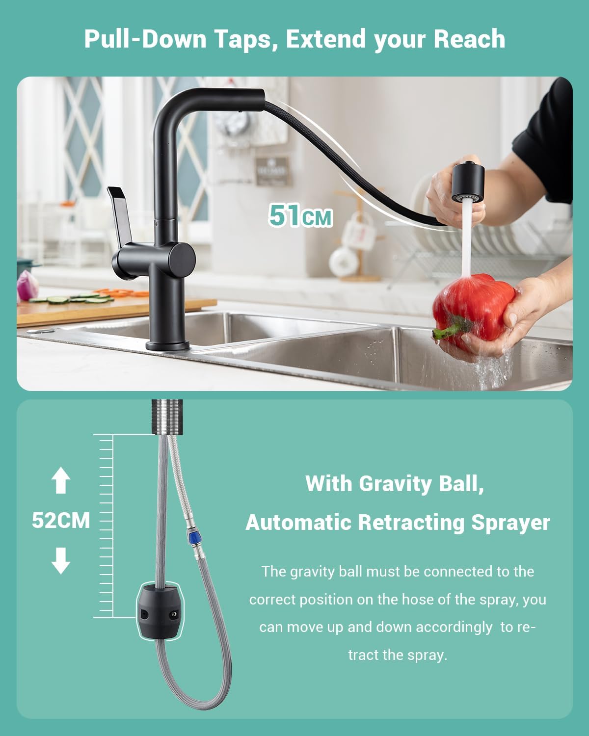 DAYONE Chrome Kitchen Faucet with Pull Down Sprayer, Single Handle Kitchen Mixer with 3 Water Modes Stainless Steel Kitchen Taps