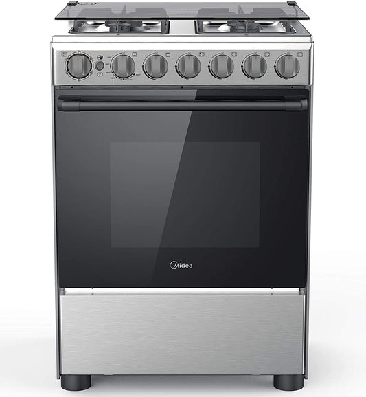 Midea 60x60cm Freestanding Cooker, Full Gas Cooking Range with 4 Burners, Automatic Ignition & Safety, Cast Iron Pan Support, Stainless Steel Finish, Separate Knob for Oven Grill, BME62058FFD-D