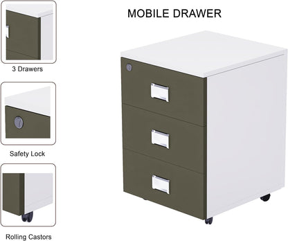 Mahmayi Carre Modern Workstation- Office Furniture with Steel Square Metal Legs, Silver Modesty Panel, Wood 3 Drawer Mobile Storage Unit, Tempered Glass Top for Office Executives, Home (140CM, White)