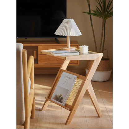 Makeup Toy Bamboo and Rattan Harmony: Modern Z-Shaped Nightstand with Glass Top - Stylish and Practical Accent Furniture for Bedroom and Living Room. Perfect for Small Spaces, Apartments.