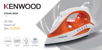 Kenwood Steam Iron 2100W With Ceramic Soleplate, Anti-Drip, Self Clean, Continuous Steam, Burst, Spray Function Stp50.000Wo White/Orange