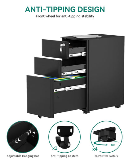 YITAHOME Fully Assembled Metal File Cabinet with 3 Lockable Drawers, Mobile Filing Cabinet for Home Office, Under Desk File Office Drawers for Letter/Legal/A4, Black, 30 x 46 x 59cm