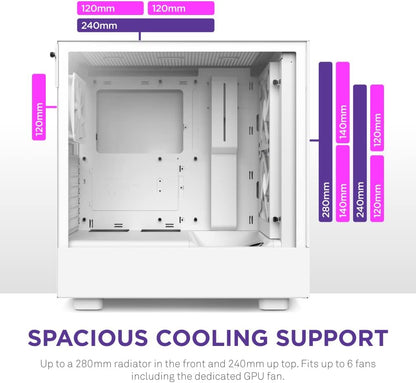 NZXT H5 Flow Compact ATX Mid-Tower PC Gaming Case – High Airflow Perforated Front Panel – Tempered Glass Side Panel – Cable Management – 2 x 120mm Fans Included – 280mm Radiator Support – White