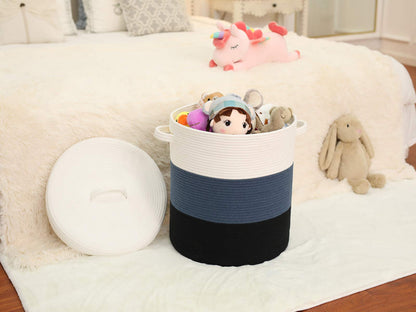 16" x 16" x 18" Extra Large Storage Basket with Lid, Cotton Rope Storage Baskets, Laundry Hamper, Toy Bin, for Toys Towels Blankets Storage in Living Room Baby Nursery, All Black Basket with Cover