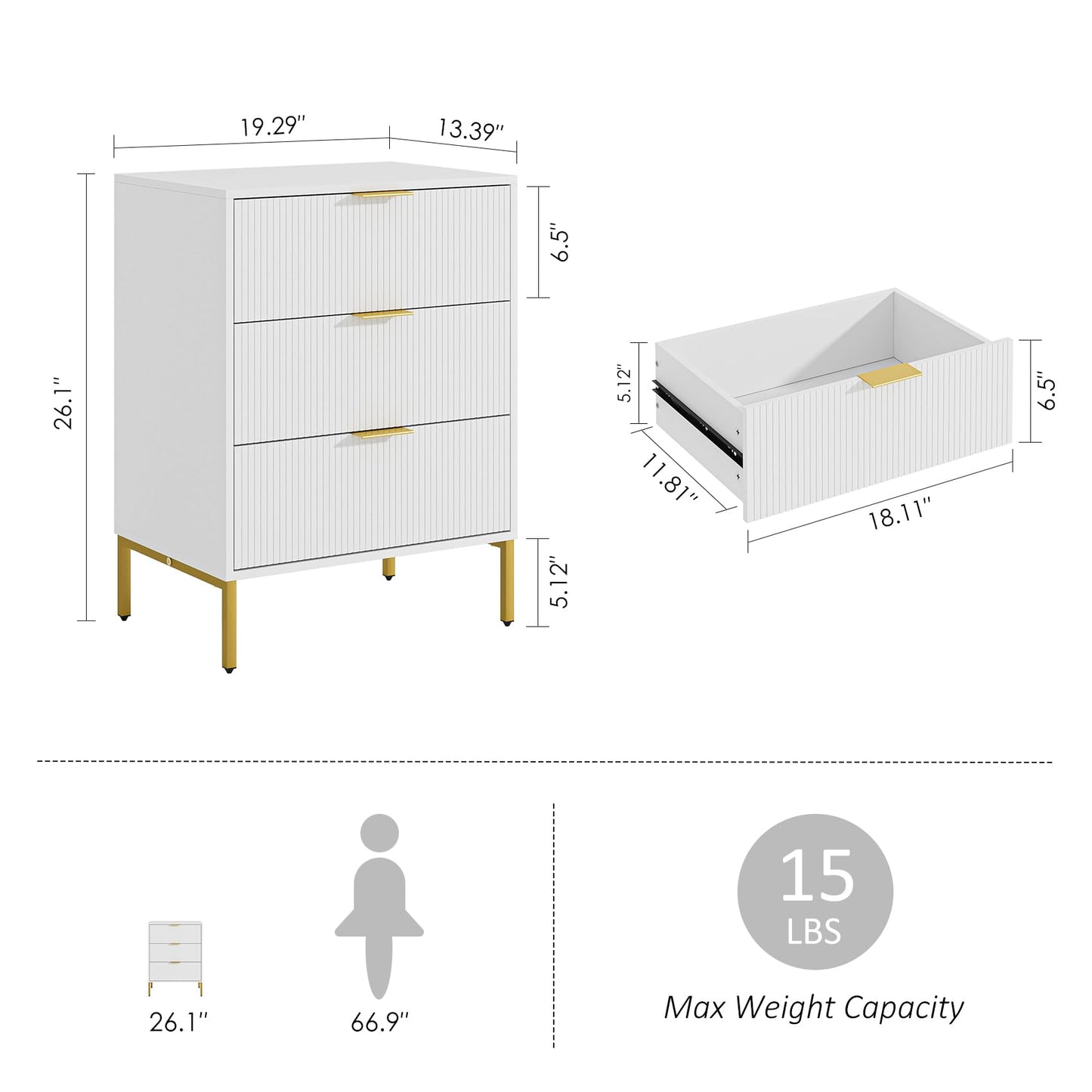 Aienvey Nightstand,Tall Bedside Table with Gold Frame,White Night Stand,Bedside Furniture,Side Table with Drawer and Shelf,Fluted Drawer Dresser for Bedroom,Living Roomfor Bedroom,Living Room