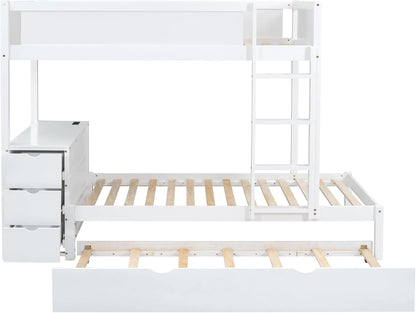 Ball & Cast Twin-Over-Twin Bunk Bed with Twin Size Trundle,Solid Wood Bedframe W/Desk & Drawers,USB,Space Saving,Easy Assembly,Multifunctional Bedroom Furniture Set for Boys Girls Teens,White