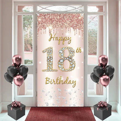 18th Birthday Girl Decoration, Happy 18th Birthday Door Banner Rose Gold, 18th Birthday Fabric Sign Poster Door Decoration, 18th Birthday Background Banner, Birthday Party Welcome Sign