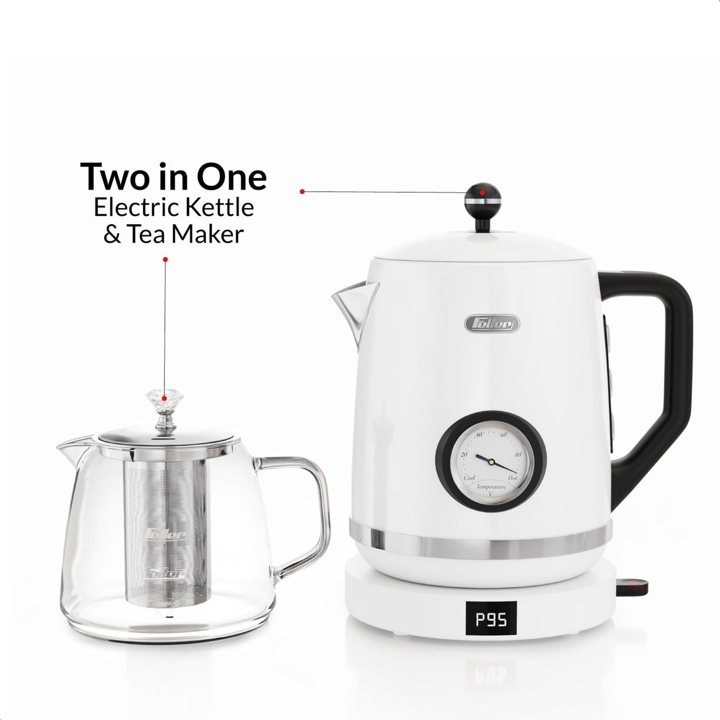 Feller Germany, Retro Style 1.7L 2-in-1 Stainless Steel Tea Maker+Kettle, 2200W, 85/95/100°C Adjustable Touch-Sensitive Temp Setting,LED Display, TS290,2Y Guarantee-UAE Version (Black)