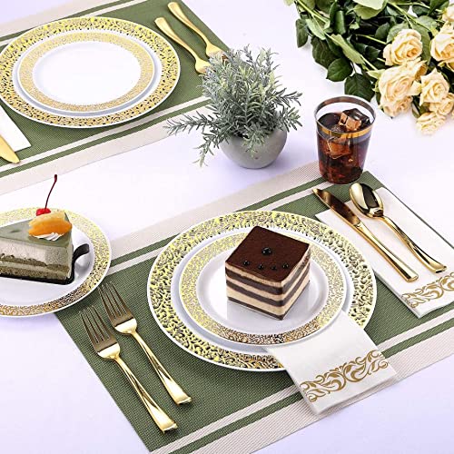 ALISSA 175 Piece Gold Dinnerware Set 25 Guest-50 Gold Lace Plastic Plates-25 Gold Plastic Silverware-25 Gold Plastic Cups-25 Linen Like Gold Paper Napkins