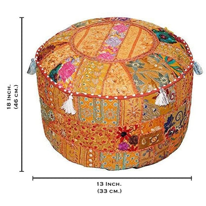 Aakriti Gallery Indian Pouf Footstool Ethnic Embroidered Pouf Cover, Indian Cotton Round Pouffe Ottoman Pouf Cover Pillow Ethnic Decor Art - Cover Only (Yellow, 18x13)