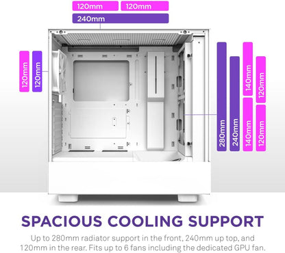 NZXT H5 Flow Compact ATX Mid-Tower PC Gaming Case – High Airflow Perforated Front Panel – Tempered Glass Side Panel – Cable Management – 2 x 120mm Fans Included – 280mm Radiator Support – White