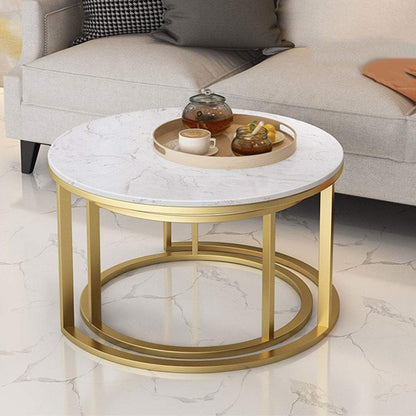 Coffee Tables for Living Room, Double-Layered Square End Side Tables Sofa Table, Modern Marble Nesting Table with Metal Frame Legs Set of 2 (White+square+Golden frame)