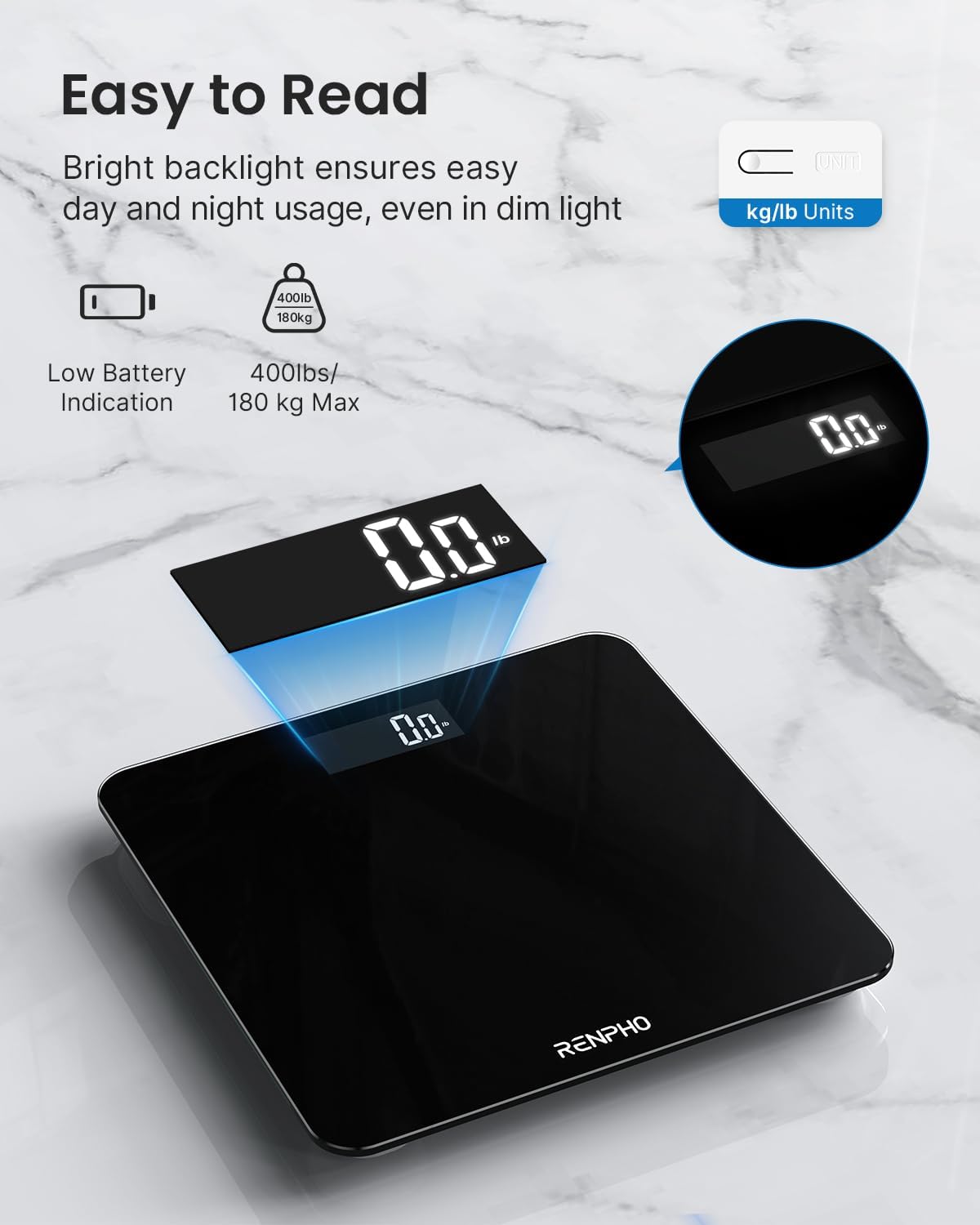 RENPHO Digital Bathroom Scales for Body Weight, Weighing Scale Electronic Bath Scales with High Precision Sensors Accurate Weight Machine for People, LED Display, Black, 180kg, Core 1s