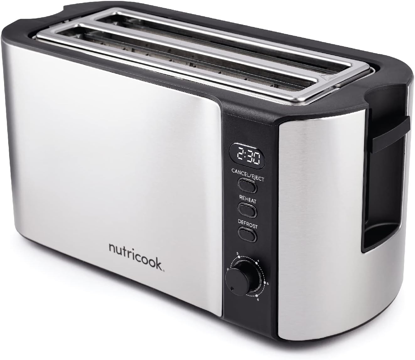 Nutricook Digital 4-Slice Toaster with LED Display, Stainless Steel Toaster with 2 Long & Extra Wide Slots, 6 Toasting Levels, Defrost|Reheat|Cancel,Removable CrumbTray,1500W,T104S, 2 year Warranty"