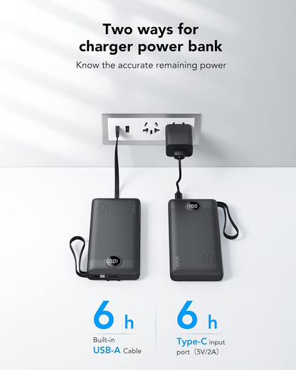 VRURC Power Bank 10000mAh with Built in Cables,VRURC USB C slim Portable Charger 5 Output & 2 Input LED Display External Battery Pack Chargers Compatible with iPhone,Samsung Cell Phones