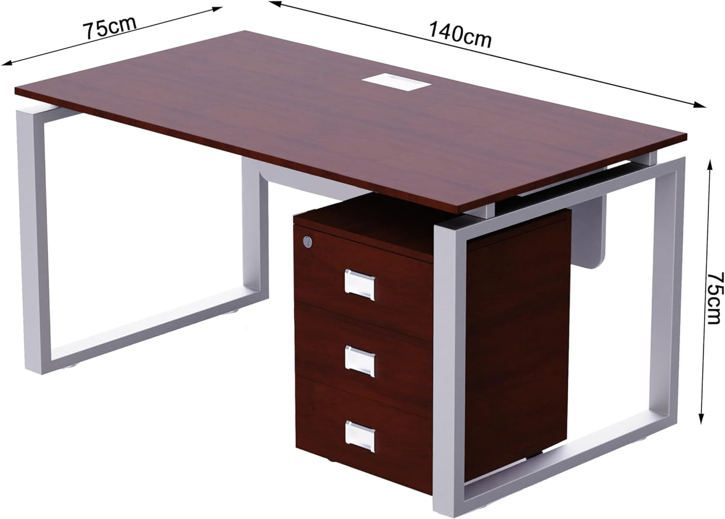 Mahmayi Carre Modern Workstation- Office Furniture with Steel Square Metal Legs, Silver Modesty Panel, Wood 3 Drawer Mobile Storage Unit, Tempered Glass Top for Office Executives, Home (140CM, White)