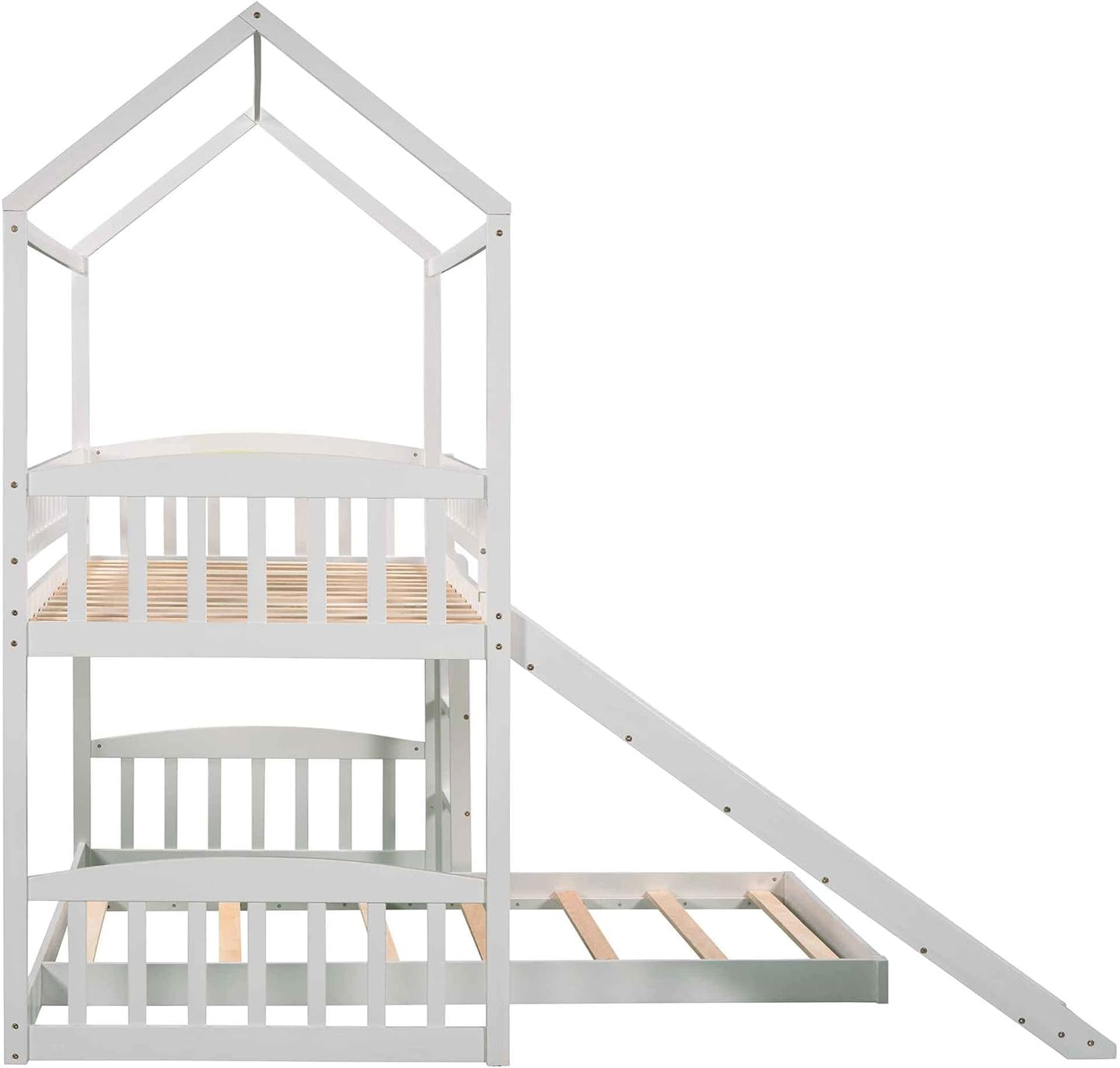 ATY Twin-Over-Twin Bunk Bed with Slide, House Bunkbeds Frame w/Roof for Toddler, Kids, Teens, No Box Spring Needed, White