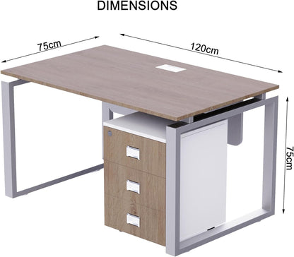 Mahmayi Carre Modern Workstation- Office Furniture with Steel Square Metal Legs, Silver Modesty Panel, Wood 3 Drawer Mobile Storage Unit, Tempered Glass Top for Office Executives, Home (140CM, White)