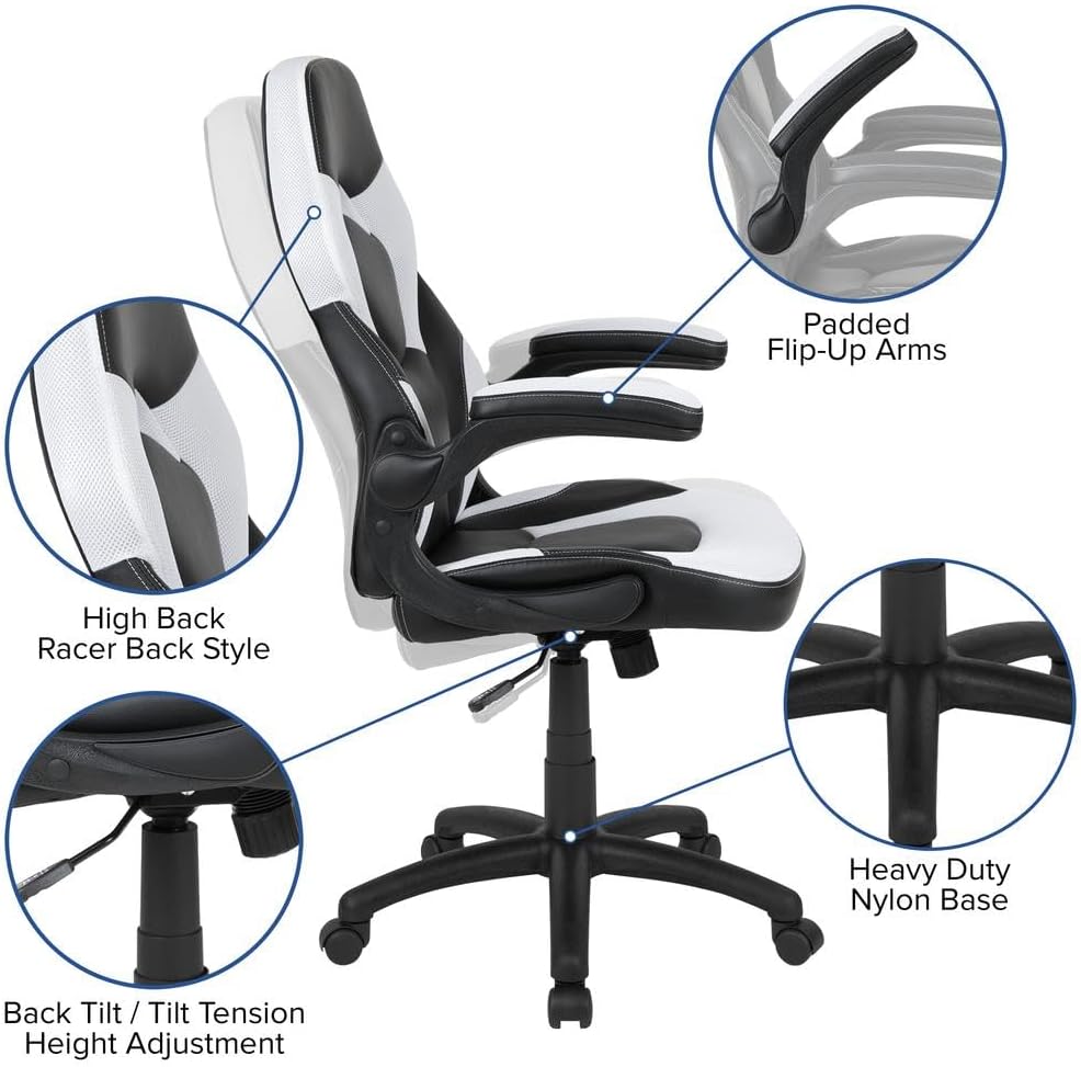 Flash Furniture X10 Gaming, Racing Office Ergonomic Computer PC Adjustable Swivel Chair with Flip-up Arms, Gray/Black LeatherSoft