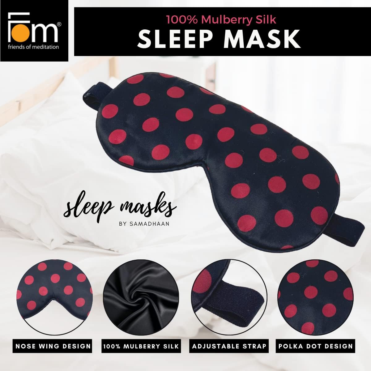 FOM (Friends of Meditation) 100% Mulberry Silk Eye Mask, Super Smooth Sleep Mask And Blind Fold (Black)