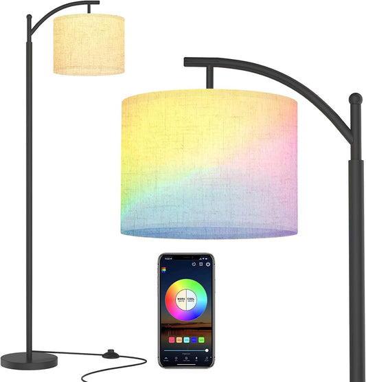 TDOO RGB Floor Lamp for Living Room, Modern Beige/Black Linen Lampshde, Adjustable Pole 60-73inch Height, Tall LED Standing Lamp for Bedroom and Office