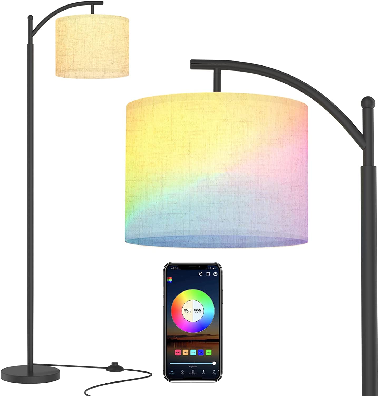 TDOO RGB Floor Lamp for Living Room, Modern Beige/Black Linen Lampshde, Adjustable Pole 60-73inch Height, Tall LED Standing Lamp for Bedroom and Office