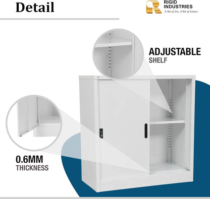 RIGID Steel Sliding Door Cupboard Low Hight Steel Filing Cabinet with Shelves Storage (White)