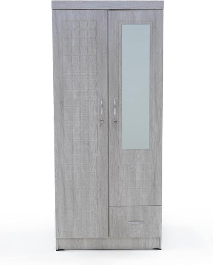 ALWASIT HOME Mehruddin 2 Door Wooden Wardrobe With Mirror with One Lockable Drawer (Without assembly, White)