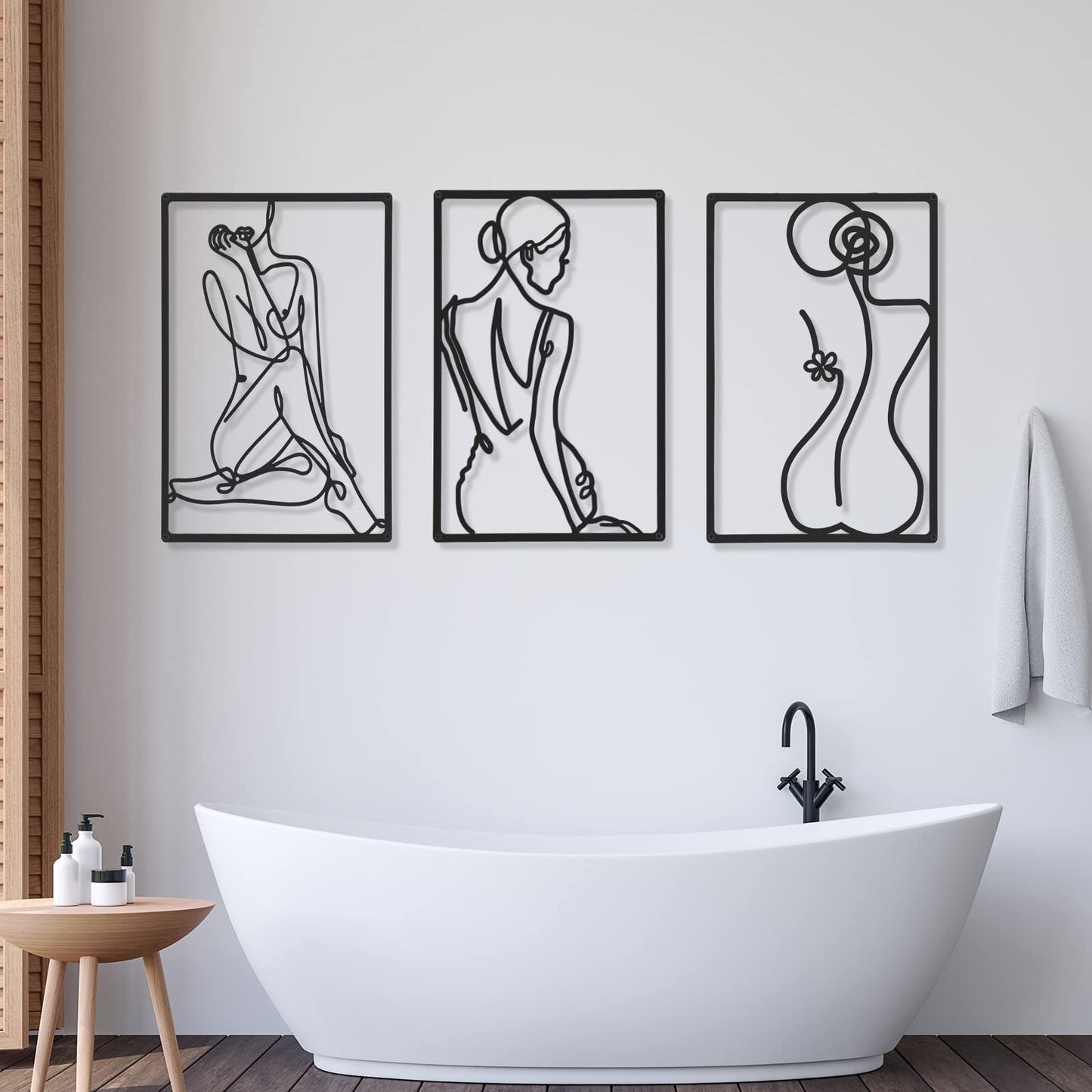 CHENGU 3 Pieces Metal Minimalist Abstract Woman Wall Art Line Drawing Wall Art Decor Single Line Female Home Hanging Wall Art Decor for Kitchen Bathroom Living Room (Black, Hand)