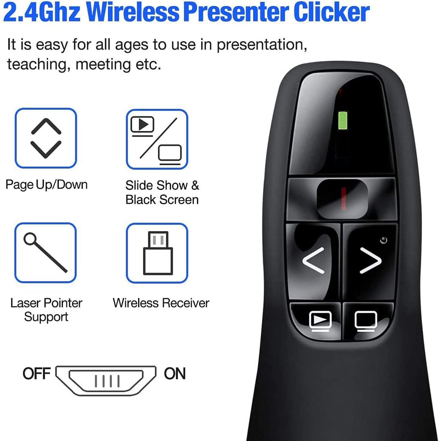 Gnker PowerPoint Presentation Clicker - R400 2.4Ghz USB Wireless Presenter with Red Laser Pointer for Windows and Mac, Remote Control for Slideshows, Keynote and More