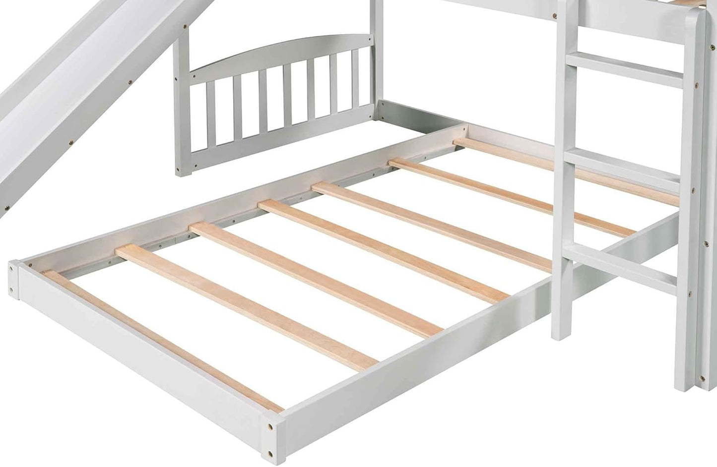 ATY Twin-Over-Twin Bunk Bed with Slide, House Bunkbeds Frame w/Roof for Toddler, Kids, Teens, No Box Spring Needed, White