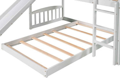 ATY Twin-Over-Twin Bunk Bed with Slide, House Bunkbeds Frame w/Roof for Toddler, Kids, Teens, No Box Spring Needed, White