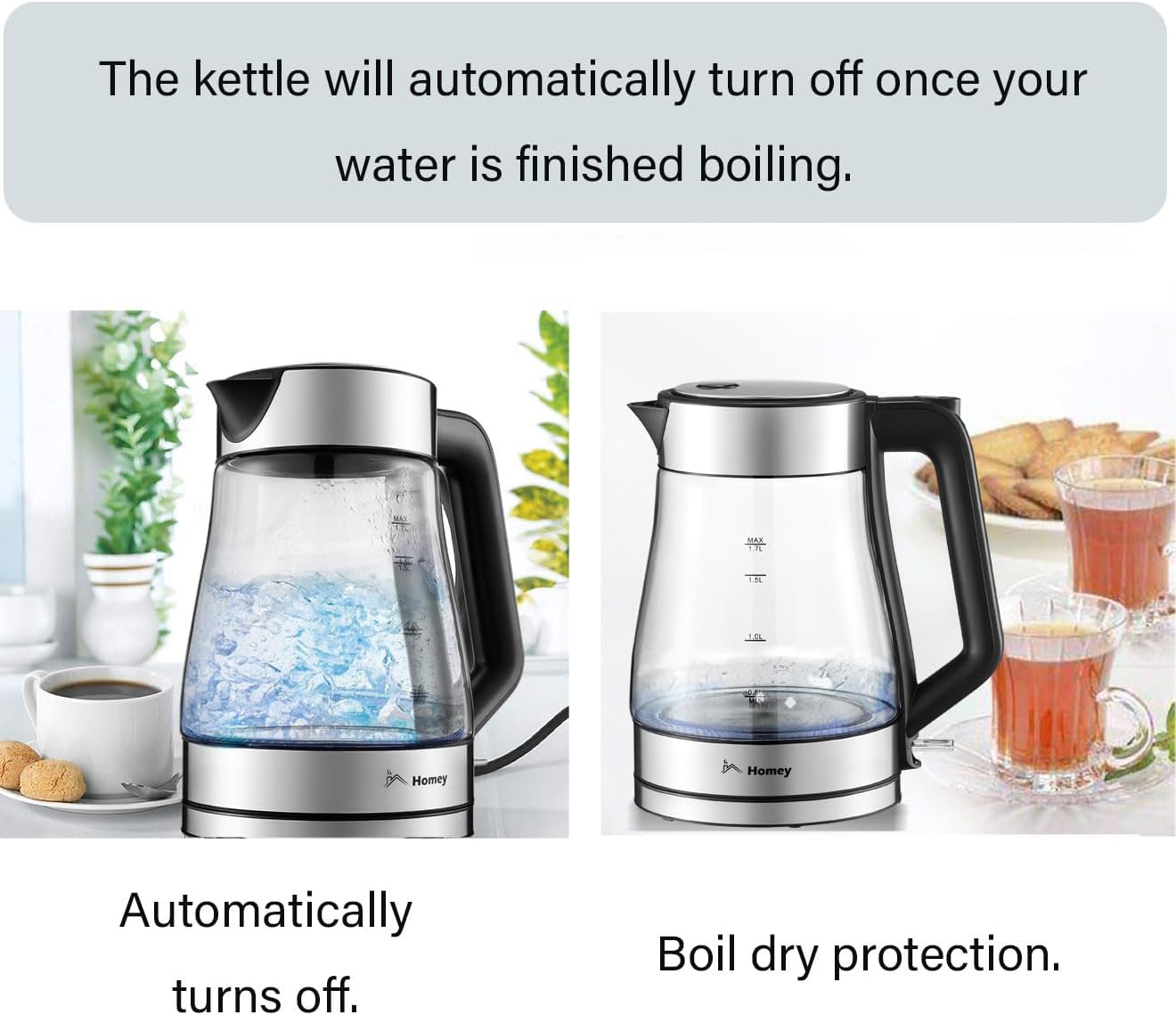 Homey Electric Glass Kettle 1.7L Capacity, 1850-2200W, Auto Shut-Off, Boil Dry Protection,Water Heater Kettle