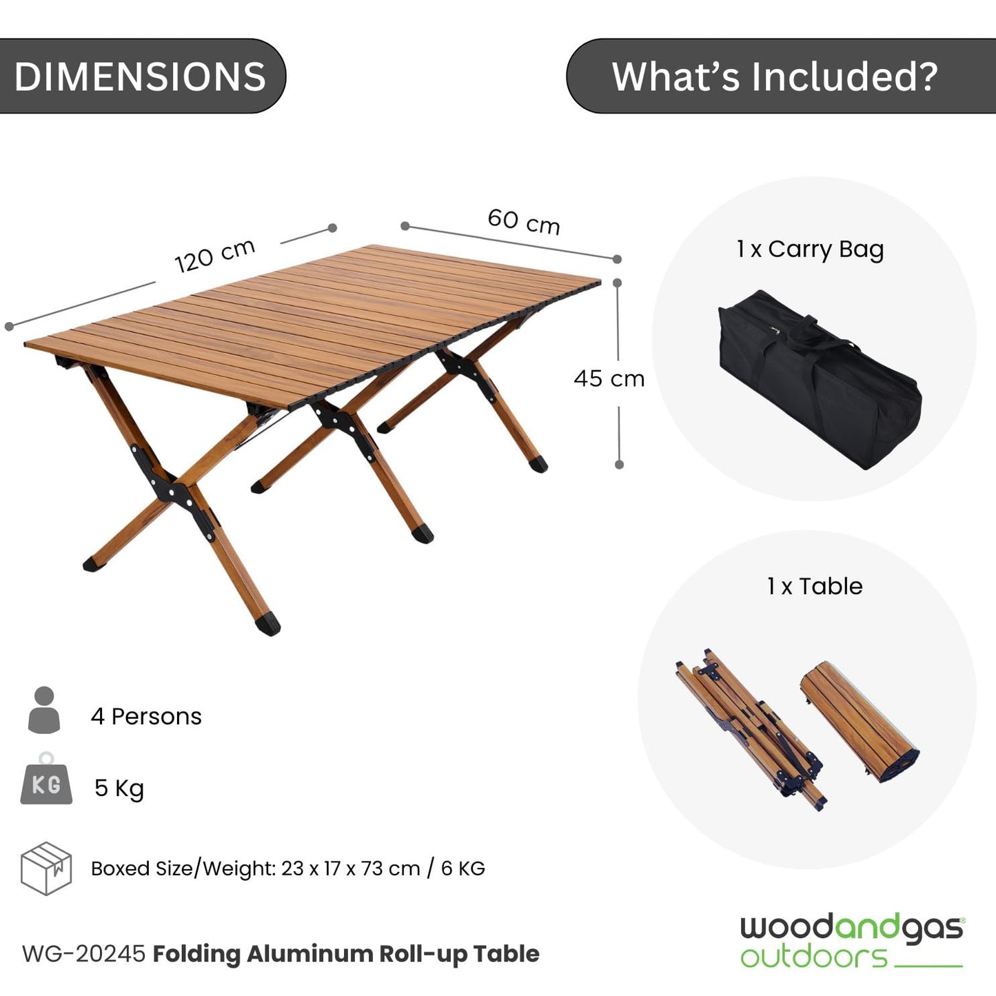 Roll Up Aluminum Folding Table – Heavy Duty and Portable for Picnic, Camping, Beach, Graden, Outdoor Events – Lightweight Foldable Low Dining Table with Carry Bag – Size 120 x 60 cm, H: 54 - Brown