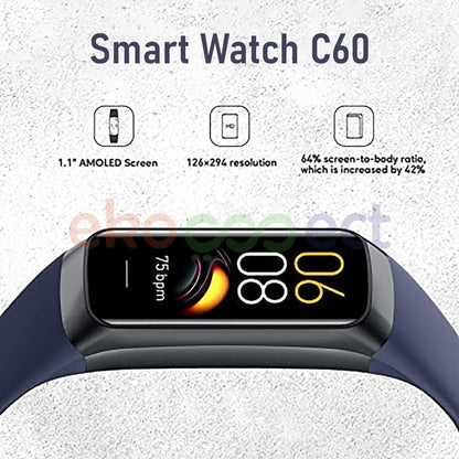 Ekoconect Smart Bracelet C60 Men Women IP68 Sport Bracelet Calorie Counter Fitness 1.1 inch AMOLED Touch Screen Heart Rate Blood Pressure Monitor Watch For IOS Android (Black)