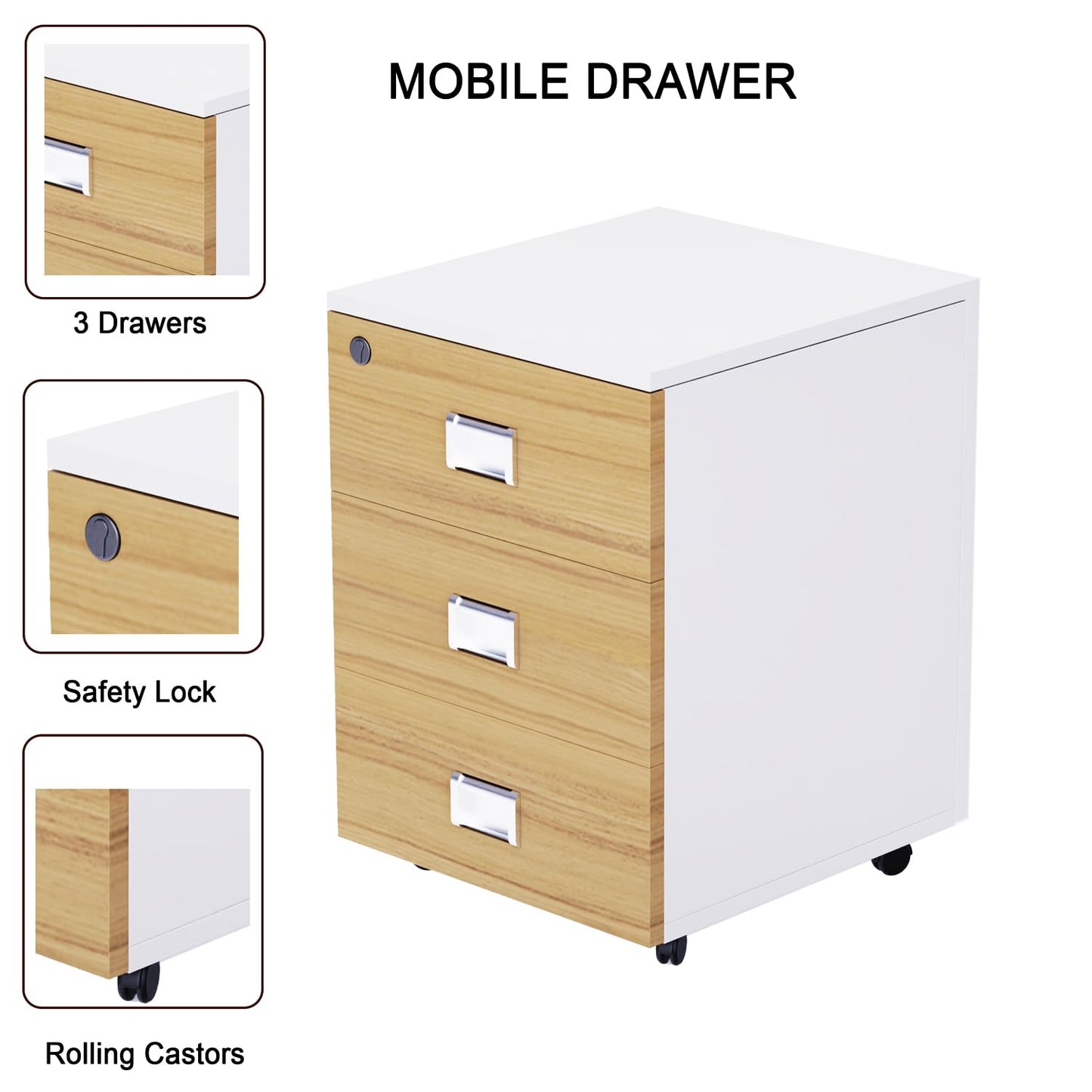 Mahmayi Carre Modern Workstation- Office Furniture with Steel Square Metal Legs, Silver Modesty Panel, Wood 3 Drawer Mobile Storage Unit, Tempered Glass Top for Office Executives, Home (140CM, White)