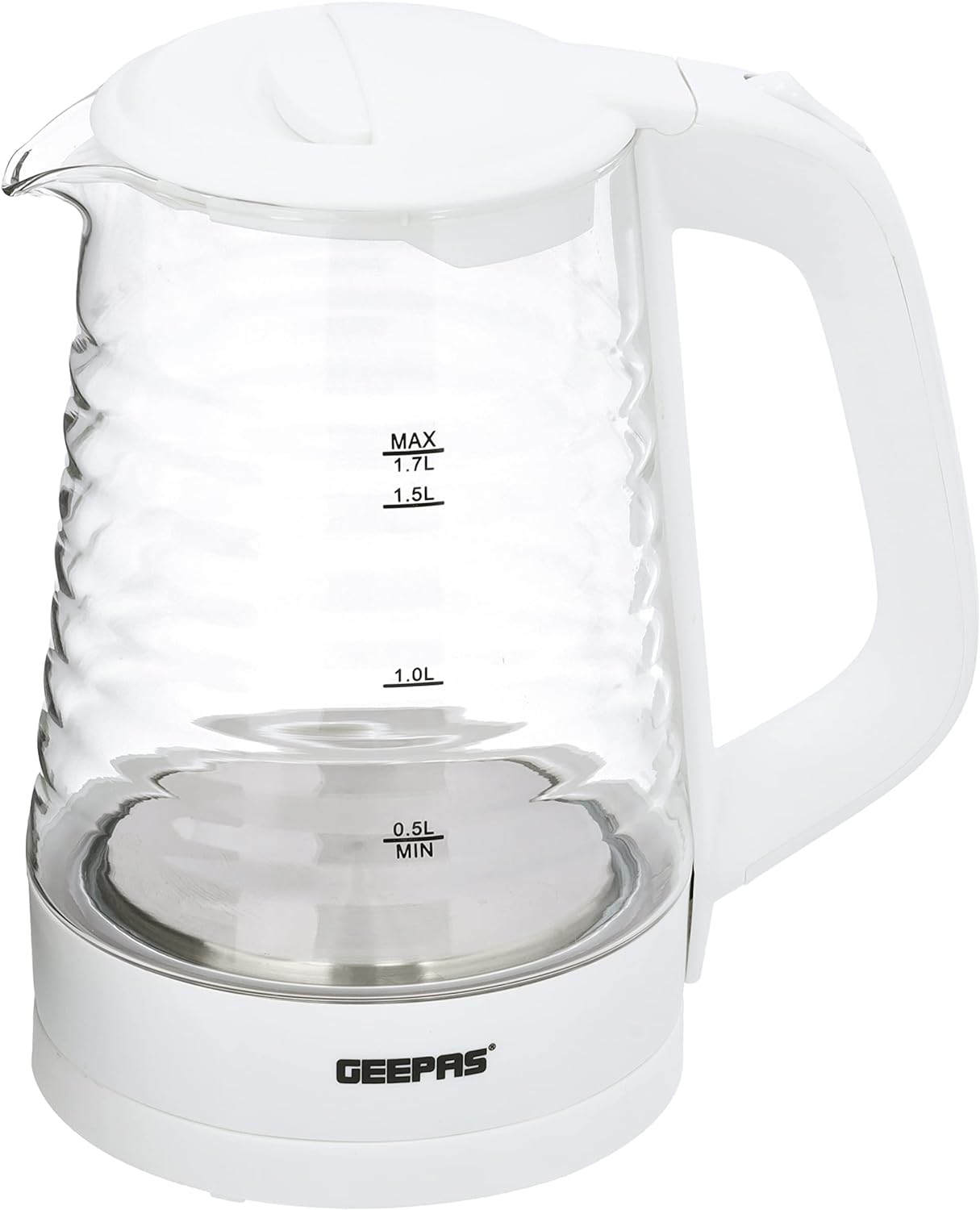 Geepas 1.7 L Electric Glass Kettle- GK9902N| 360-Degrees Rotation, Light Indicator and Automatic Cut-Off | Transparent Kettle with Volume Marker| White | 2 Years Warranty