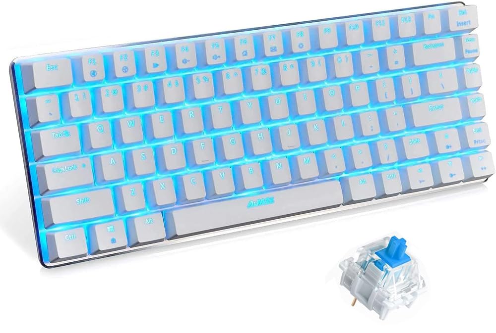 Ajazz AK33 Mechanical keyboard 82 Keys USB Wired Gaming Keyboard with Backligh for Tablet Desktop Computer (Blue Backlit Blue Switch, White)