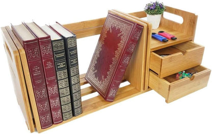 Bookshelf ，U HOOME Bamboo Wood Expandable Desk Organizer - Desktop Tabletop Organic Wooden Storage Shelves Bookcase w/Storage Drawer, for Book, Home Office File, Paper, Supplies, Cookbook