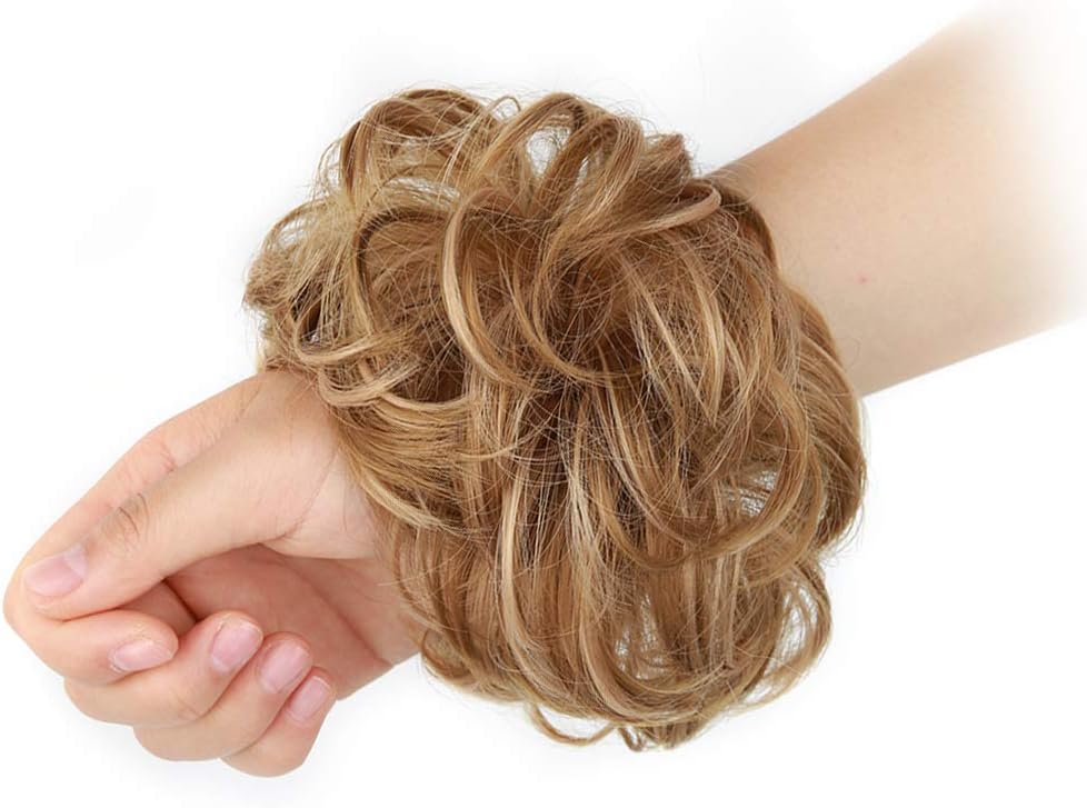 MORICA 1PCS Messy Hair Bun Hair Scrunchies Extension Curly Wavy Messy Synthetic Chignon for Women (12AH613(Light Golden Brown & Lightest Blonde))