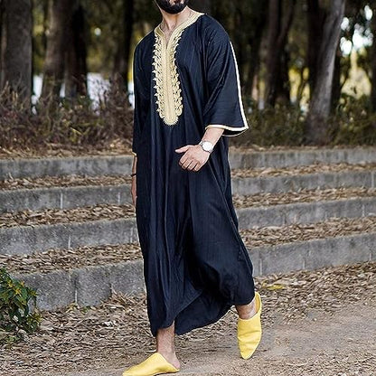 Men Dress Embroidery Long Gown Thobe Robe Short Sleeve Sleepwear Nightshirt