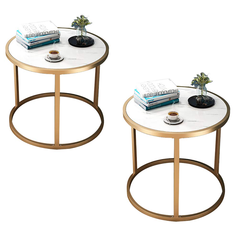 Coffee Tables for Living Room, Double-Layered Square End Side Tables Sofa Table, Modern Marble Nesting Table with Metal Frame Legs Set of 2 (White+square+Golden frame)