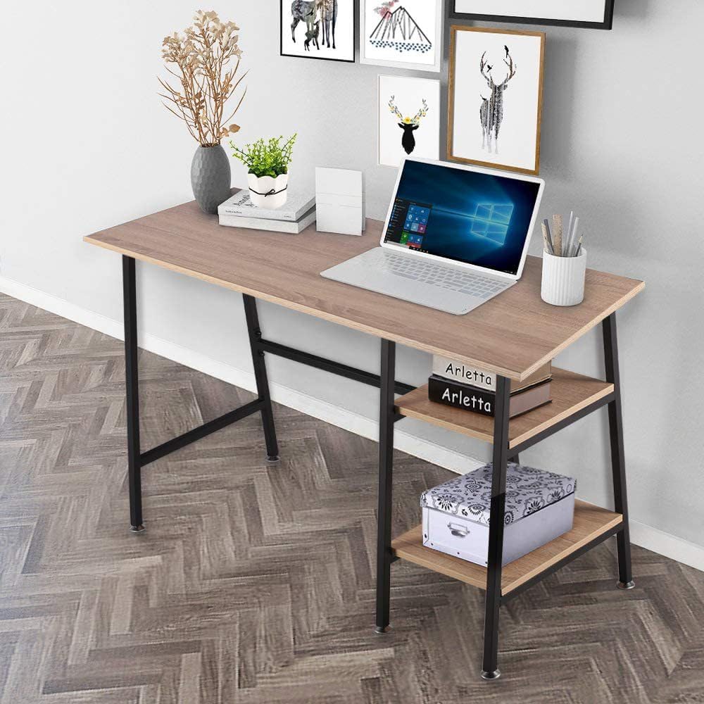 COOLBABY Simple Style Wood Table & Metal Frame Home Office Computer Desk Writing Study Workstation with 2 Tier Storage Shelves,43 inch