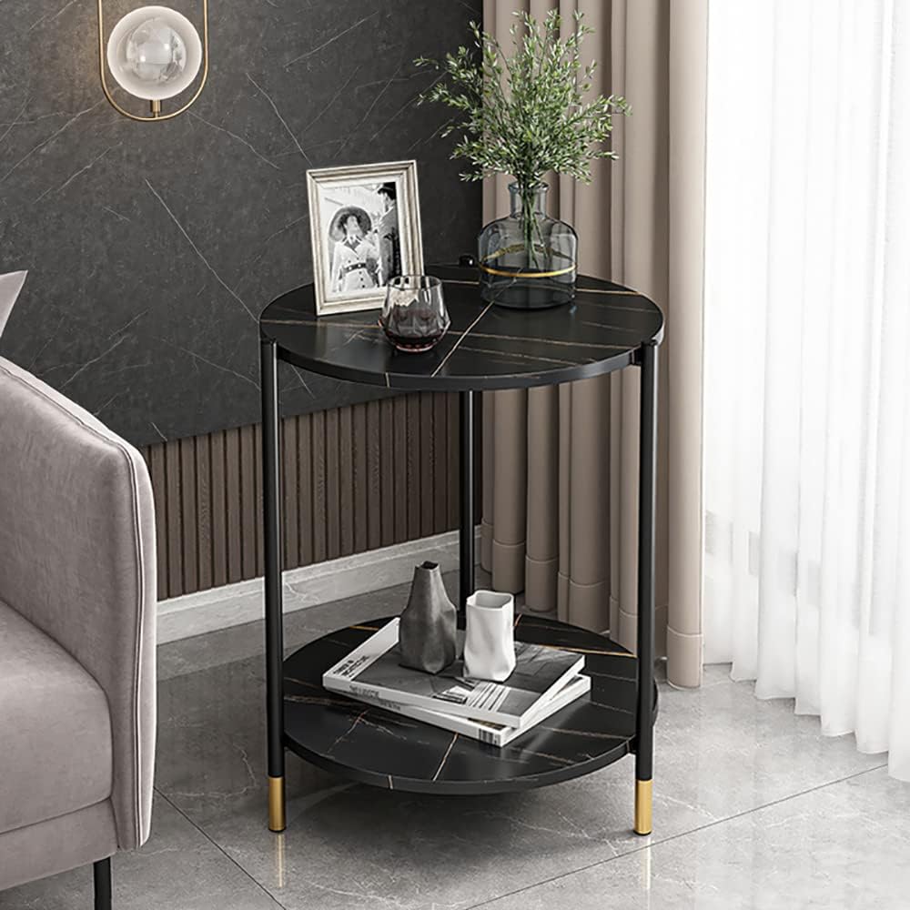 COOLBABY Round Coffee Table, Double Layer Sofa Side Table End Table, Imitation Marble Coffee Round Table Snack Table Bedside Table with Simple Design for Living Room Small Space (H88A-Black)