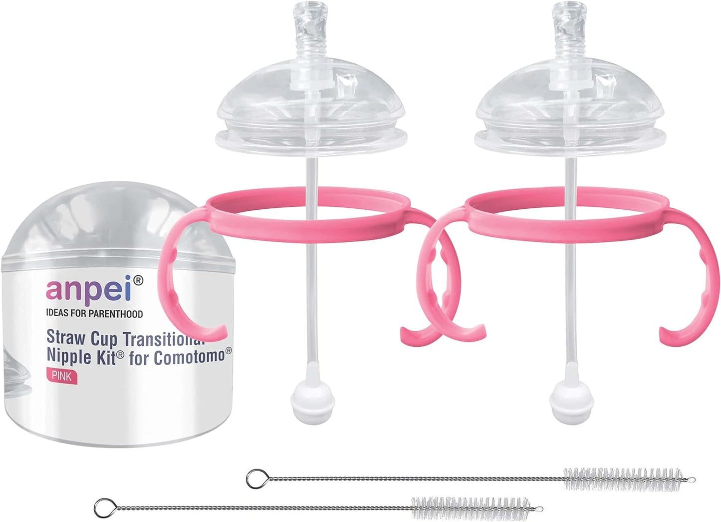 Anpei Straw Sippy Cup Transitional Nipple Kit Bundle Compatible with Comotomo Baby Bottles, 5 oz and 8 oz | Value Bundle 2 Kits + Brushes (Pink)