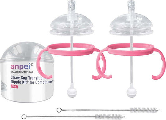 Anpei Straw Sippy Cup Transitional Nipple Kit Bundle Compatible with Comotomo Baby Bottles, 5 oz and 8 oz | Value Bundle 2 Kits + Brushes (Pink)