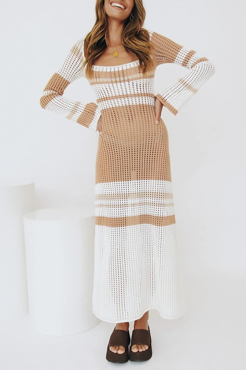 Womens Striped Square Collar Knit Hollow Out Long Sleeve Crochet Maxi Dress